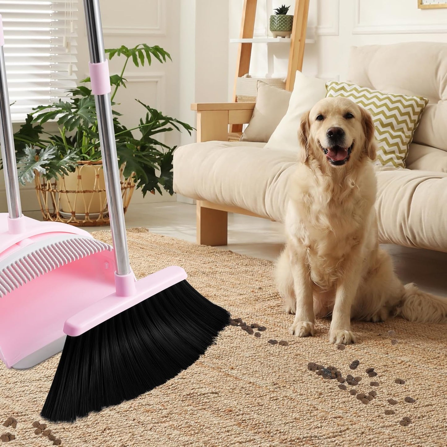 Pink Broom and Dustpan Set for Home, 52-in Long Handle Broom with Dustpan Combo with Dustpan Teeth Easy to Scrape Off Pet Hair, Indoor&Outdoor Sweeping（Pink）