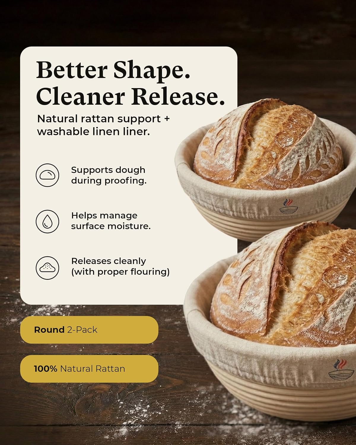 Banneton Bread Proofing Basket with Liners - Natural Rattan Dough Riser, Sourdough Bread Basket, Artisan Bread Loaves, Homemade Bread Making - 2 Pack 9" Round Basket Set