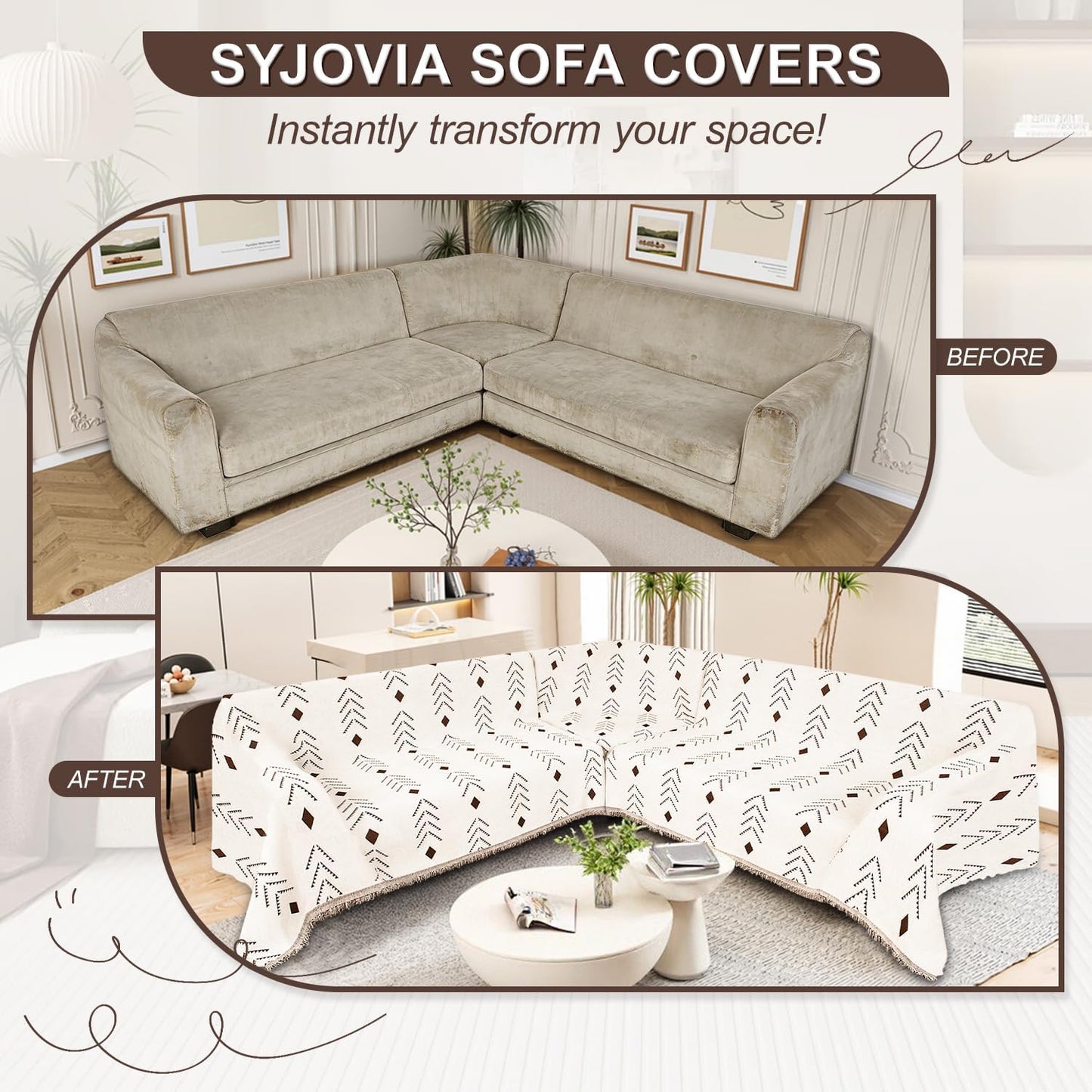 1OO% Waterproof Sectional Couch Covers for Dogs L Shaped Corner Sofa Cover Washable Chenille Sofa Slipcovers Blanket Modern Jacquard Pet Furniture Protector (91"x276", Boho Brown Cream)