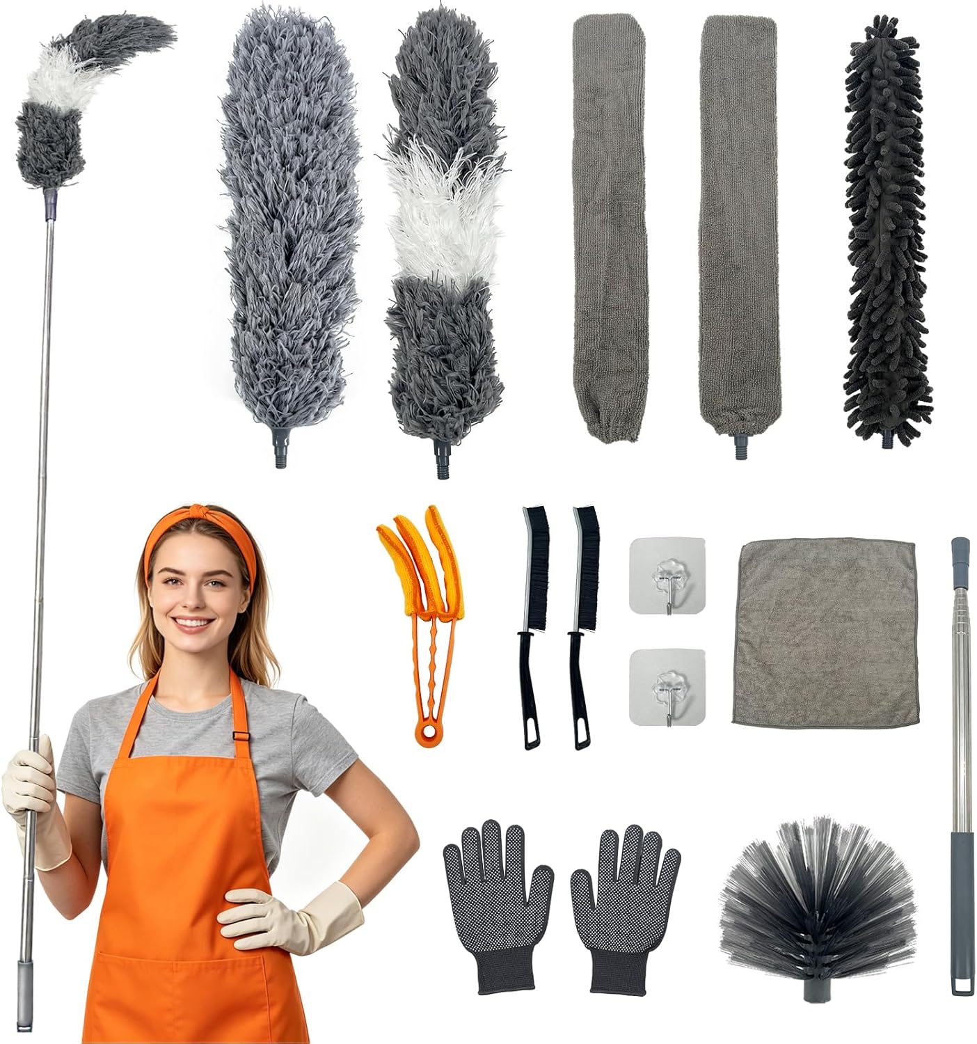 15 PCS Feather Dusters for Cleaning, Microfiber Duster with Extension Pole 100in, Extendable Duster for High Ceilings, Ceiling Fans, Baseboards, Blinds, Car Interior - Washable Reusable Dusting Tools