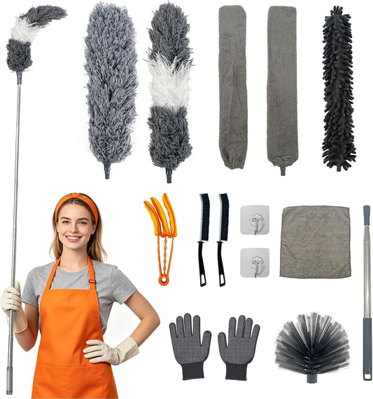 15 PCS Feather Dusters for Cleaning, Microfiber Duster with Extension Pole 100in, Extendable Duster for High Ceilings, Ceiling Fans, Baseboards, Blinds, Car Interior - Washable Reusable Dusting Tools