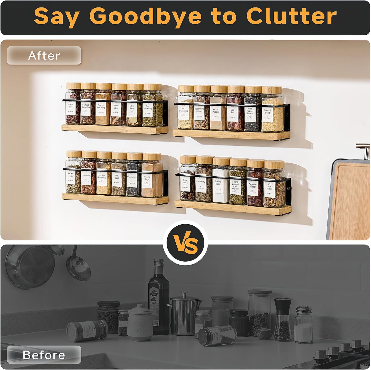 4-Tier Wall Mount Spice Rack Organizer with 24 Glass Jars, 216 Labels & Funnel - Screw/Adhesive Mount, Black Metal & Bamboo Spice Storage for Kitchen Pantry Cabinet, 11.6”W x 2.4”D x 3.2”H
