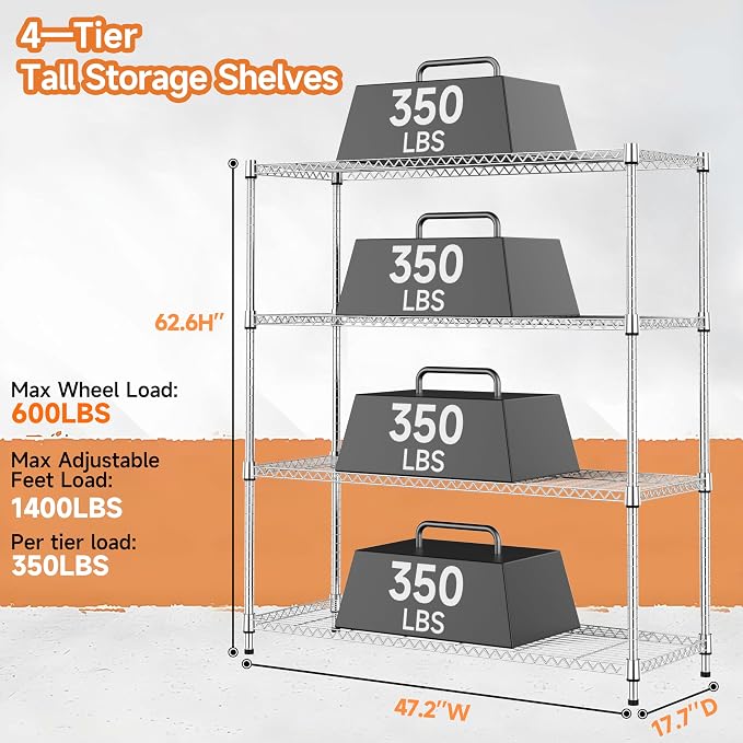 4 Tiers Storage Shelves Load 1400LBS, Metal Shelving Wire Metal Shelving Unit - Image 3
