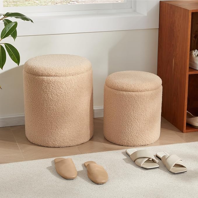 Boucle Round Ottoman with Storage Set of 2, Small Foot Stool Ottoman - Image 9