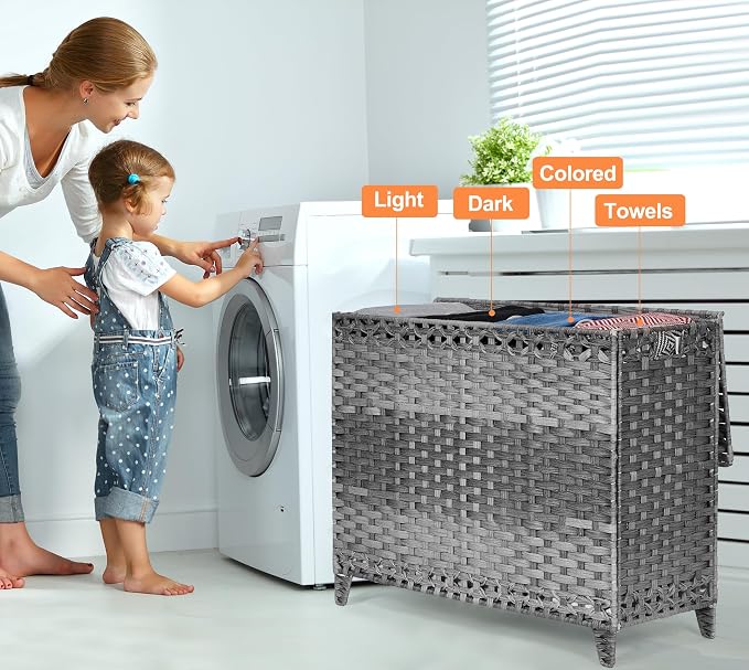 Laundry Hamper with 4 Removable Liner Bags; 176L Handwoven Rattan Laundry - Image 2