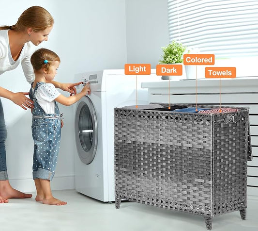 Laundry Hamper with 4 Removable Liner Bags; 176L Handwoven Rattan Laundry - Image 2