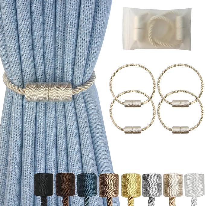 Magnetic Curtain Tiebacks 4 Pack Beige Curtain Rope Tieback Curtain Holders by CURTAINTIEBACKS