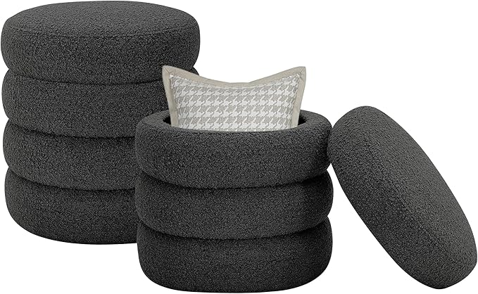 Round Ottoman with Storage Boucle Ottoman Stool with Storage Removable Lid by Krcix