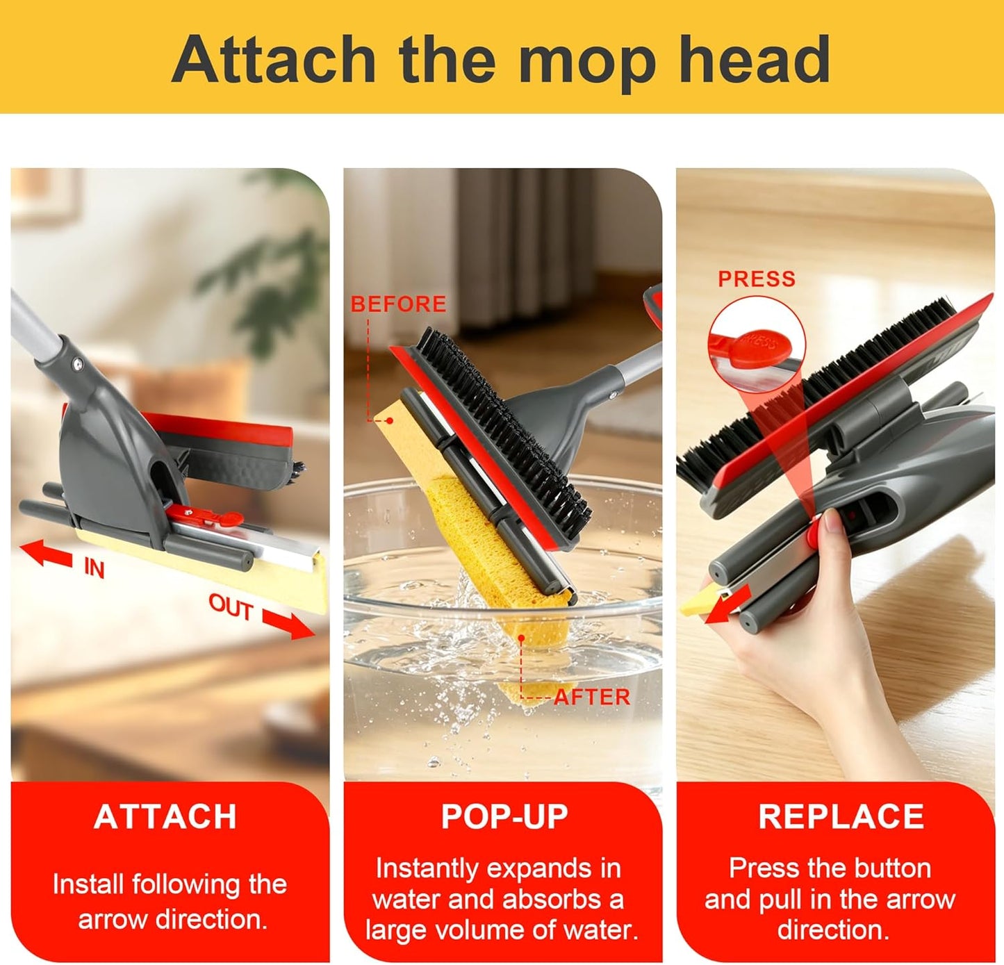 Sponge Mop for Floor Cleaning, Home Commercial Pop-up Cellulose Sponge Roller Mop with 2 Refill Heads, Includes Squeegee and Brush for Hardwood Tile Concrete Bathroom Kitchen Wall Ceiling