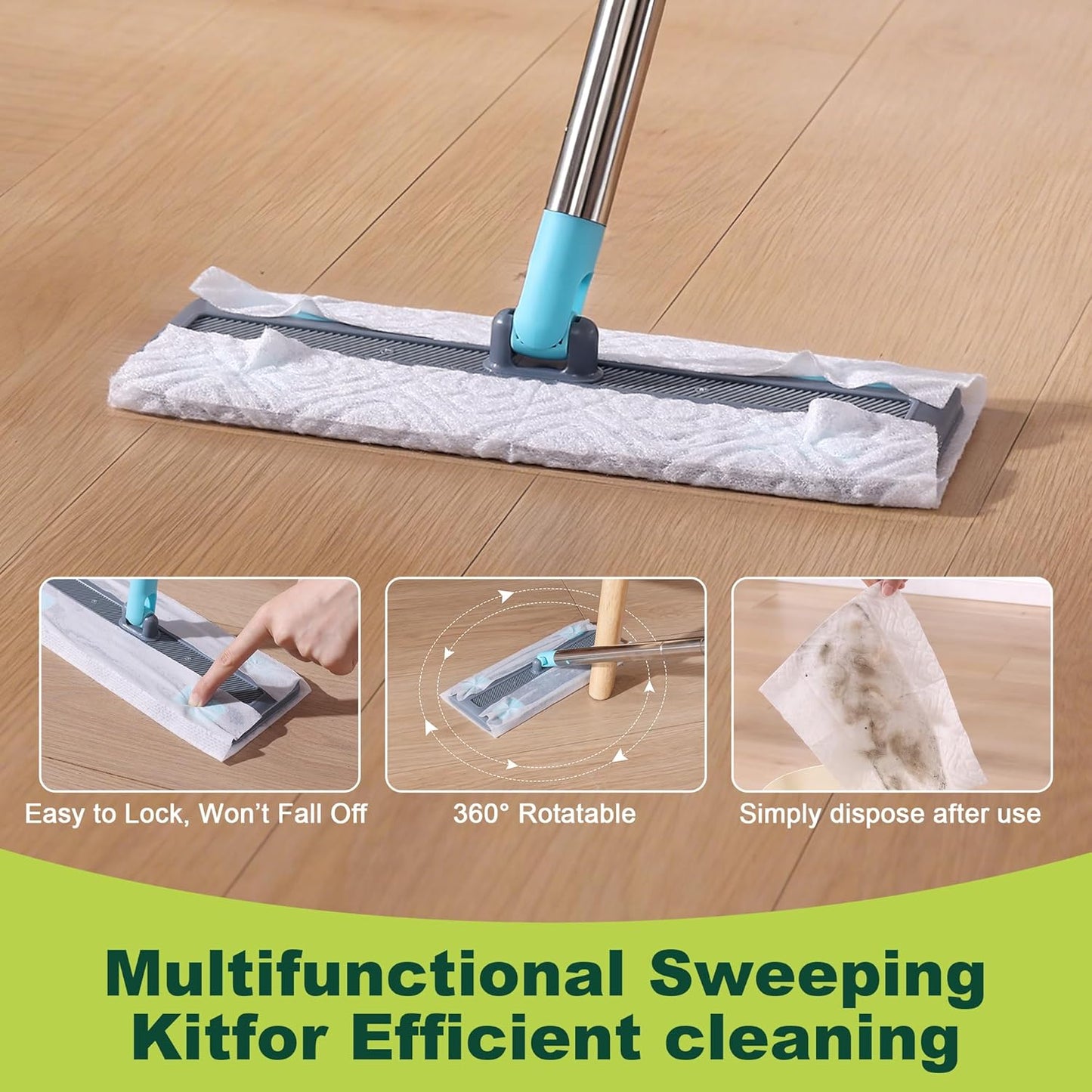 JOYMOOP Hands Free Multi Purpose Flat Mop, Dust Mop for Pet Hair and Floor, 36 Dry + 6 Wet Refills, Turquoise-Cyan & Muted Grey