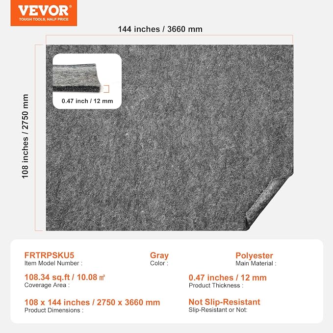 VEVOR Rug Pad Without Slip Resistance, Protective Cushioning Carpet Pad 9' x 12' - Image 7