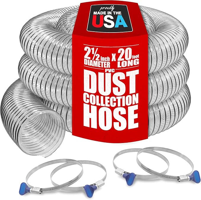 PVC Dust Collection Hose w/4 Thumbscrew Clamps, Puncture Resistant, Carbon by Fulton