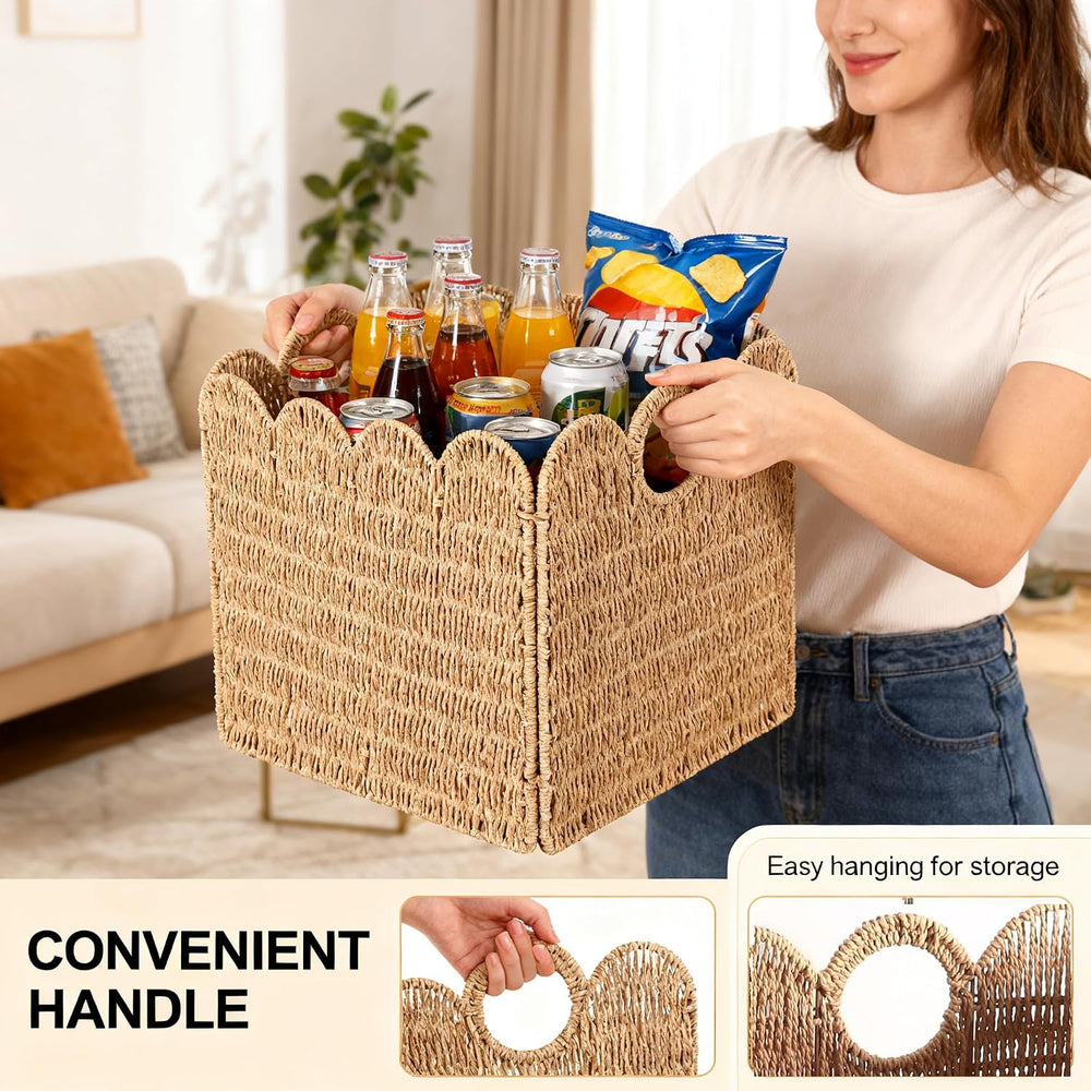 Scalloped Wicker Storage Cubes Basket, 12”x12“ Heavy Duty Paper rope/Hyacinth...