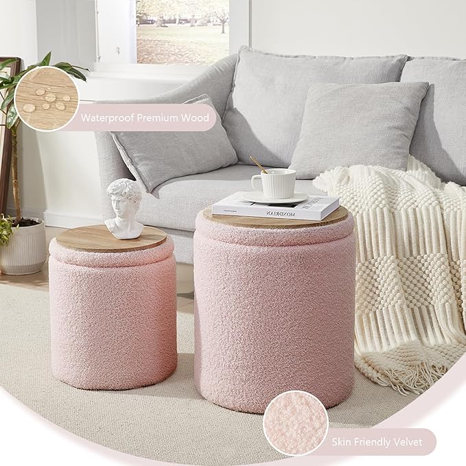 Boucle Round Ottoman with Storage Set of 2, Small Foot Stool Ottoman - Image 6