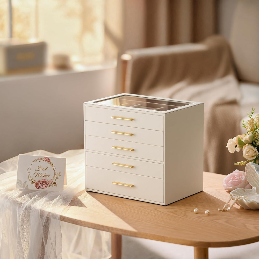 Jewelry Box Organizer Storage Case, 5-Layer with Glass Window, White