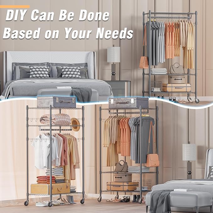 Homdox Garment Rack Heavy Duty, 3 Tier Rolling Clothing Racks