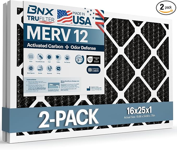 BNX TruFilter 16x25x1 MERV 12 Odor Defense AC Furnace Air Filter by BNX