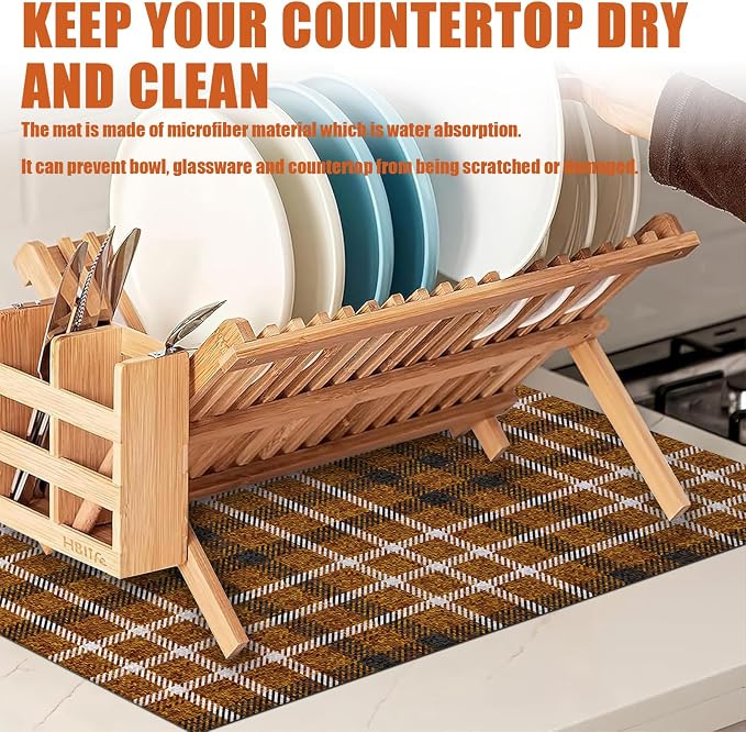 Brown Plaid Dish Drying Mat for Kitchen Counter Microfiber Absorbent Dish - Image 6