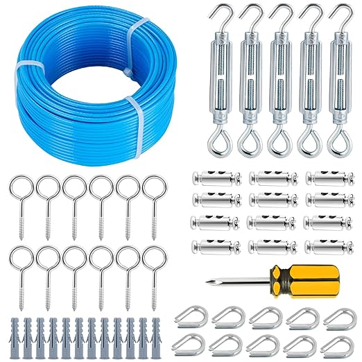 Turnbuckles for Cables Wire, 1/8" X 100Ft Blue PVC Coated Wire Rope Kit by hannger