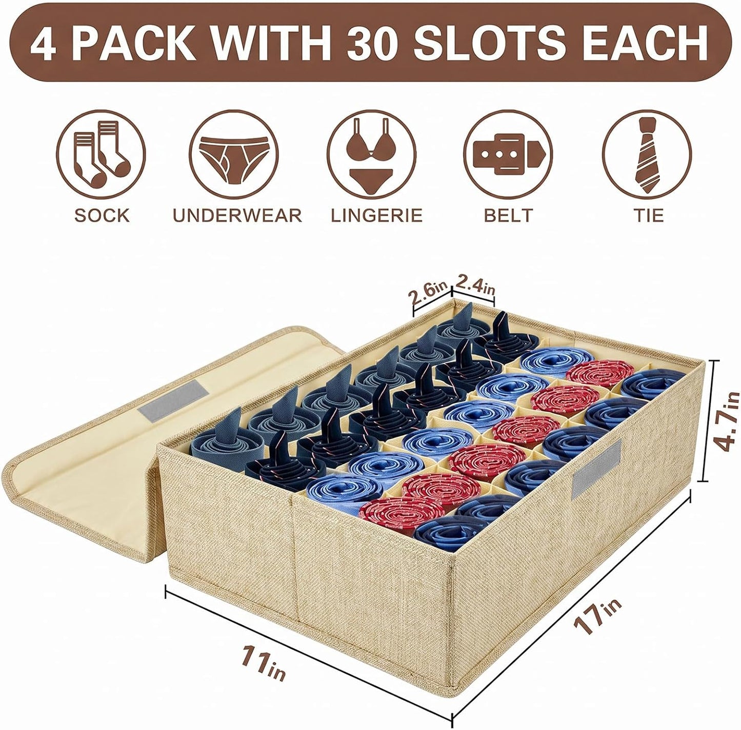 2-Pack Beige Sock & Tie Organizer with Lid, 30-Cell Foldable Storage Box | Keeps socks, ties, belts, small accessories neatly organized with a foldable, dustproof design and easy-access compartments