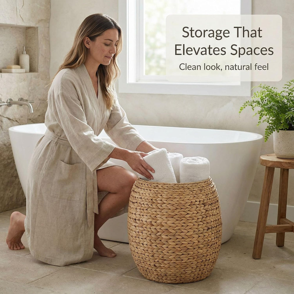 DEILSY™ Natural Round Water Hyacinth Storage Basket with Lid - Multipurpose W...
