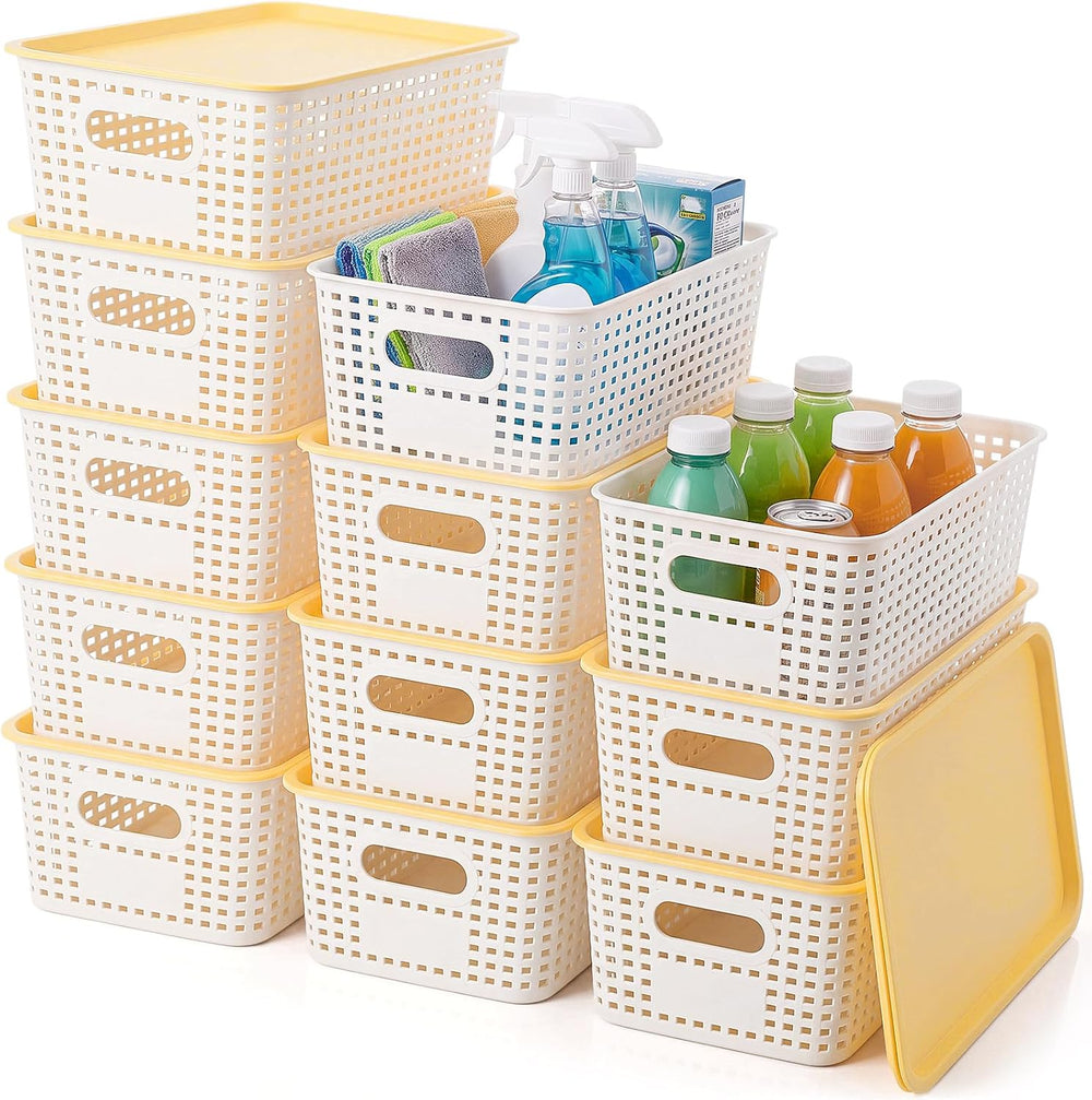 Remerry 12 Pack Plastic Storage Baskets with Lids Stackable, Cream White