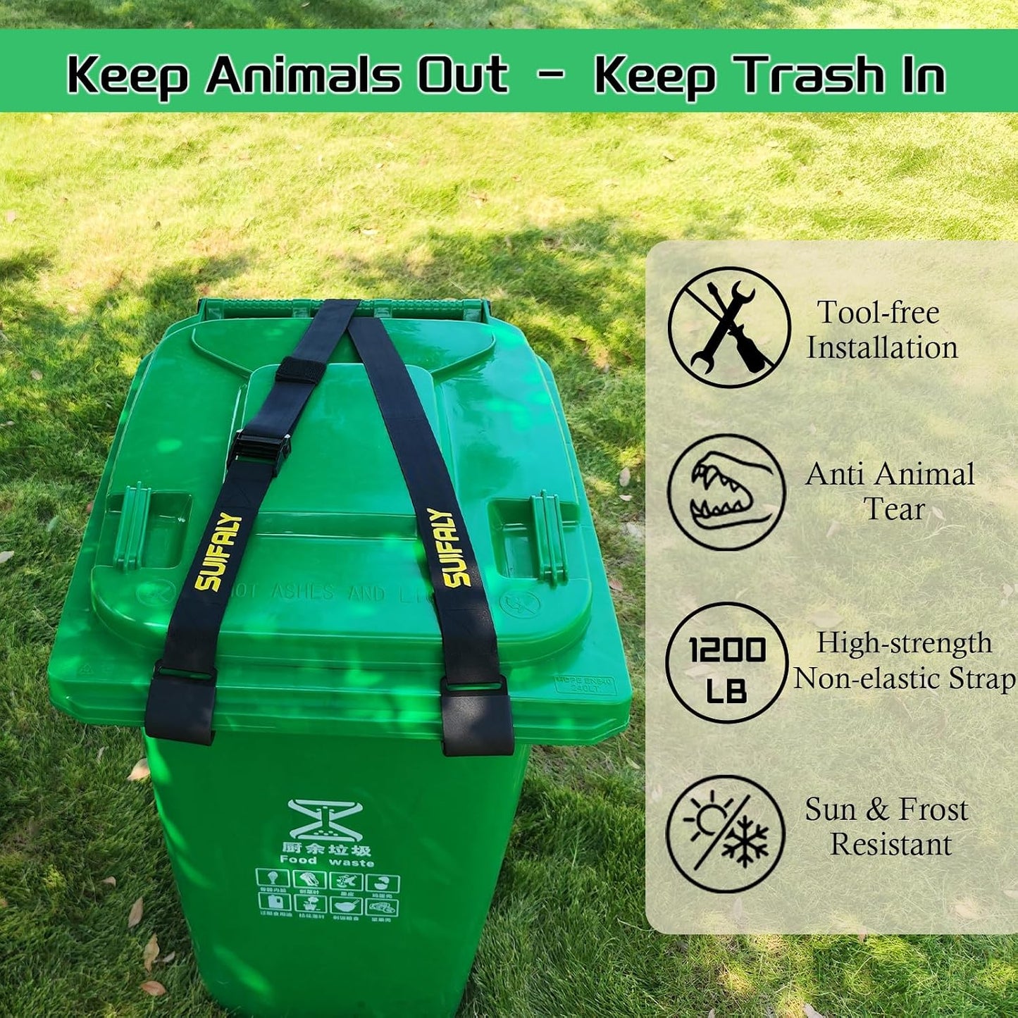 Trash Can Locks with Self-Locking Buckle – Heavy Duty Adjustable Bear Proof Lid Straps for 28-96 Gallon Bins, Animal-Proof Garbage Can Lock for Raccoons, Squirrels, Wildlife (1)