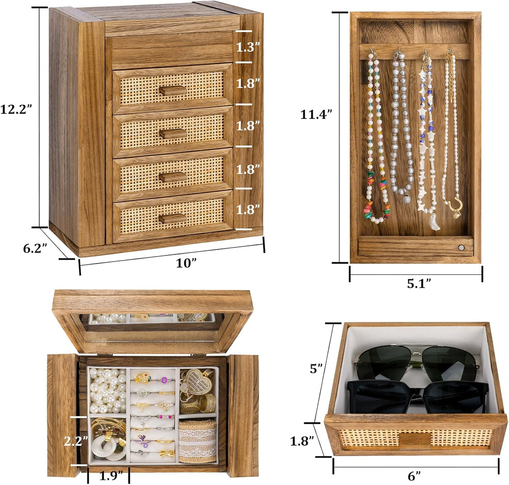 Jewelry Organizer, Rattan Jewelry Box, 5 Layer Wooden Jewelry Organizer Box w...