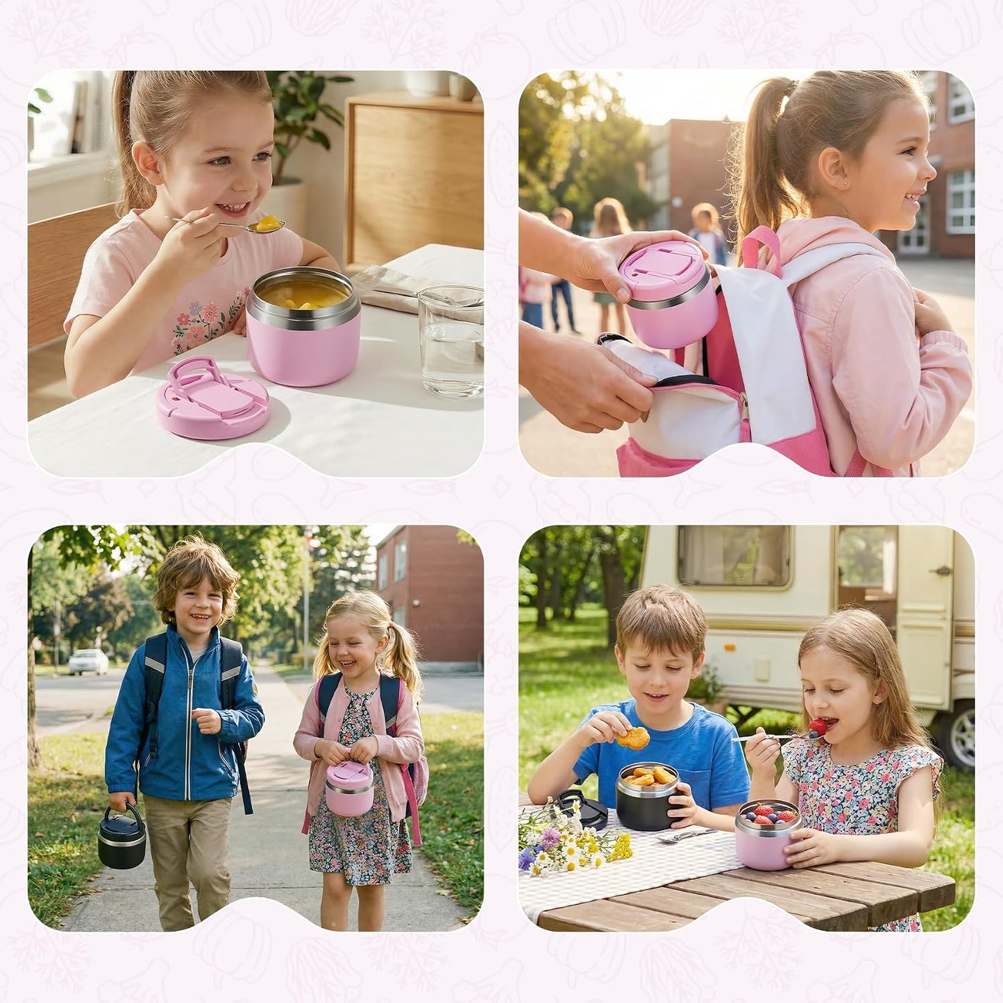 14oz Vacuum Insulated Food Jar with Spoon Buckle Lid, Kids Soup Thermo for Hot Food Wide Mouth Leakproof Stainless Steel Lunch Container - Pink