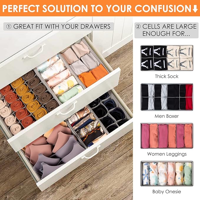 6 Pack Sock Underwear Drawer Organizer Dividers, 58 Cell Foldable Fabric - Image 3