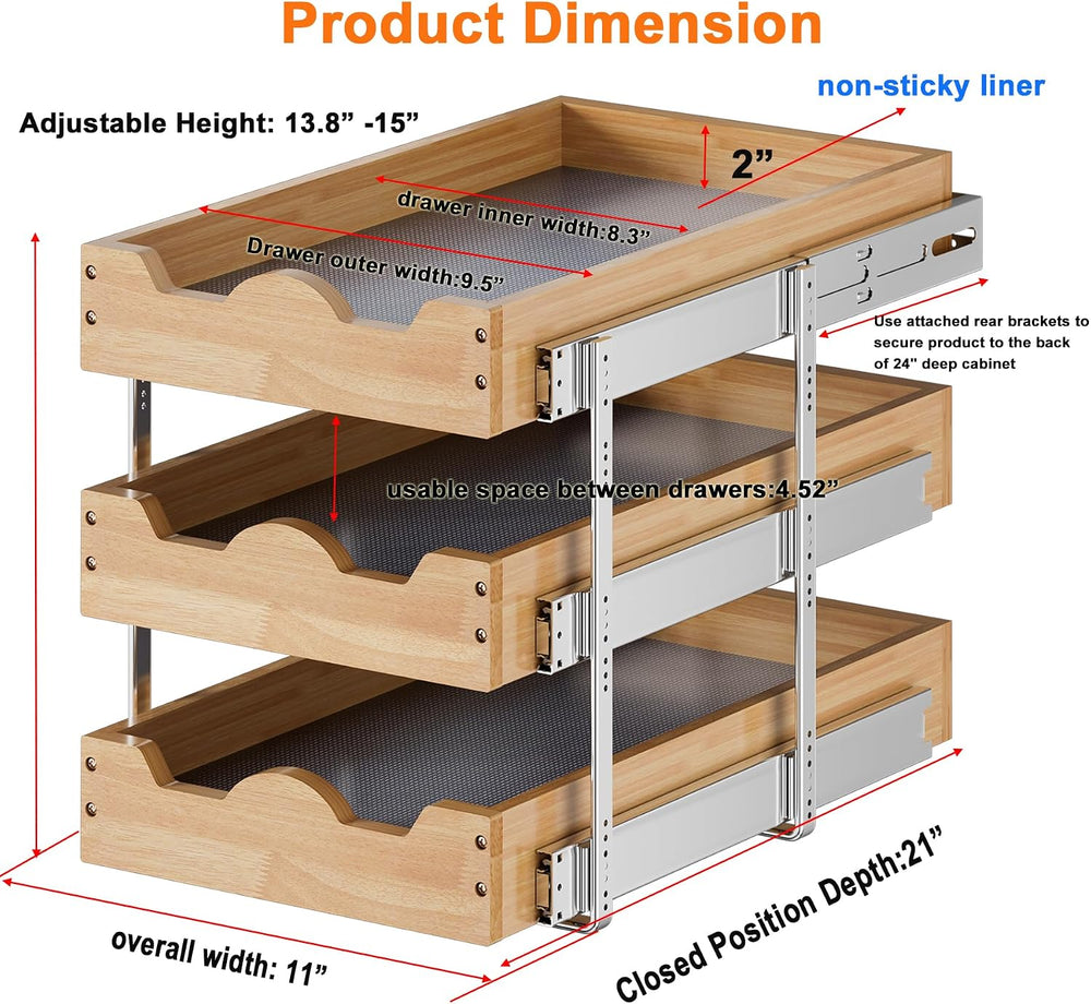 DINDON 3 Tier Pull Out Cabinet Organizer 11” W X21” D Slide Out Wood Drawer W...