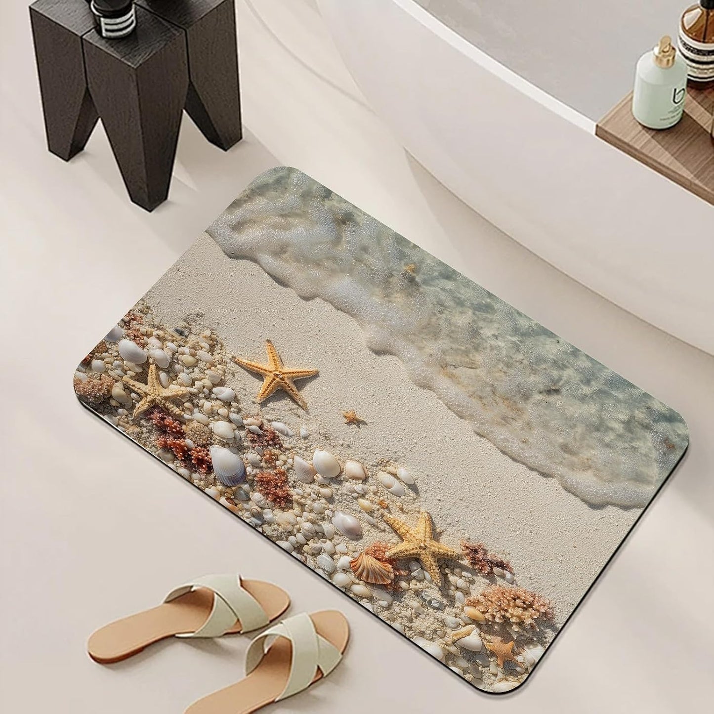 Ocean & Beach Bath Mat, Sea Coastal Bathmat, Starfish Coral Seashell Bathroom Rug, Nautical Rugs for Bathroom, Diatomaceous Earth Bath Mat, Non Slip & Absorbent & Washable, 17x24 Inch