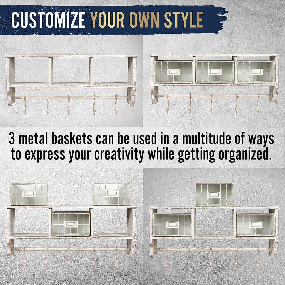 HBCY Creations Wall Mounted Shelf with Coat Hooks and Baskets, Solid Wood Ent...
