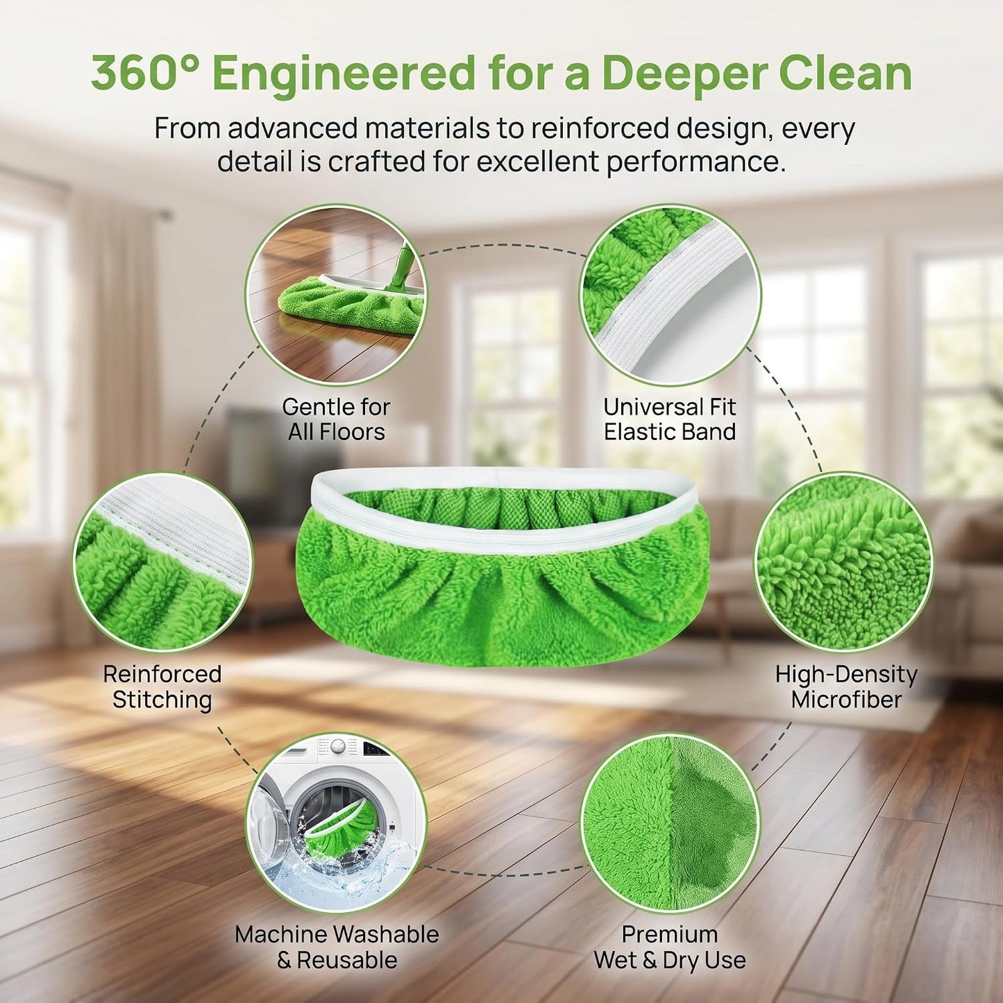 4Pcs Reusable Microfiber Mop Pad, Wall Mop Head Replacement, Washable Microfiber Mops Pads for Cleaning, Soft Absorbent Mops Cover for Wall, Floor, and Ceiling Cleaning Green