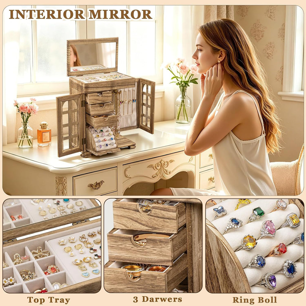 Honiway Jewelry Boxes for Women, 5 Layer Wooden Jewelry Box with Drawer &...