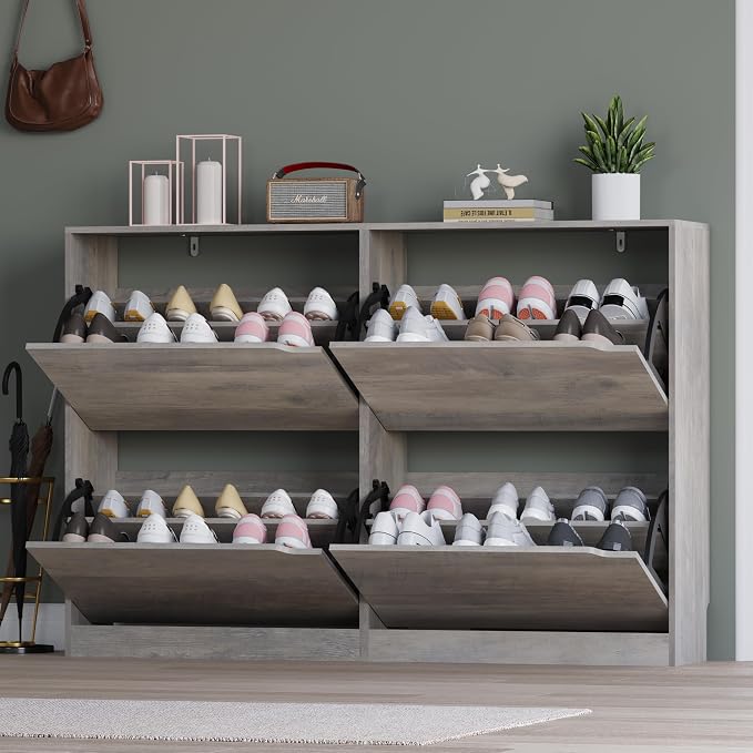 Shoe Cabinet with 4 Flip Drawers, Narrow Hidden Shoe Storage Cabinet, Slim