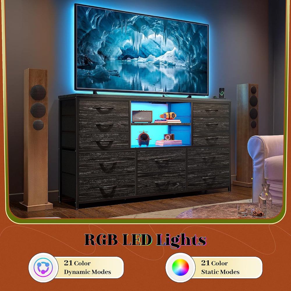 EnHomee Dresser for Bedroom with LED Lights & Charging Station
