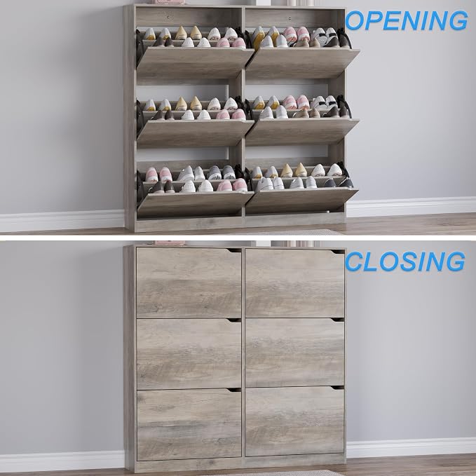 Shoe Cabinet with 6 Flip Drawers, Slim Narrow Shoe Storage Cabinet, - Image 5