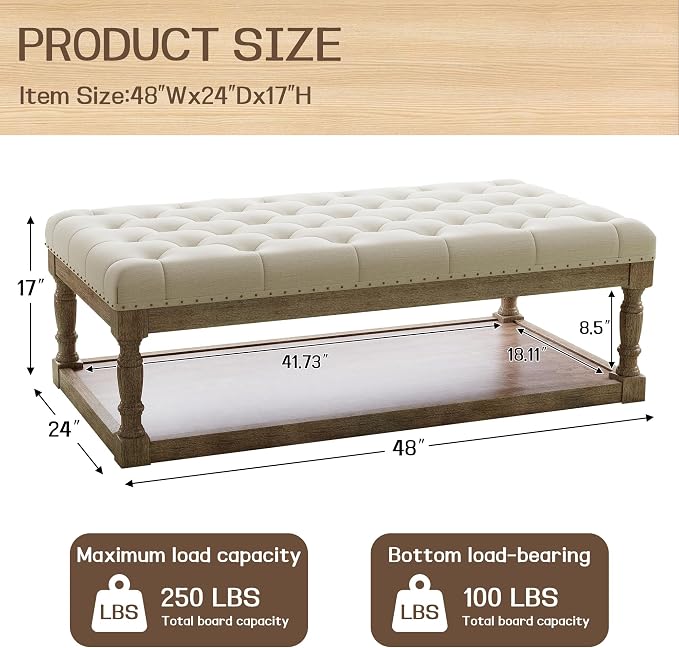 48" Large Ottoman with Storage Coffee Table, Upholstered Tufted Linen Ottoman - Image 2