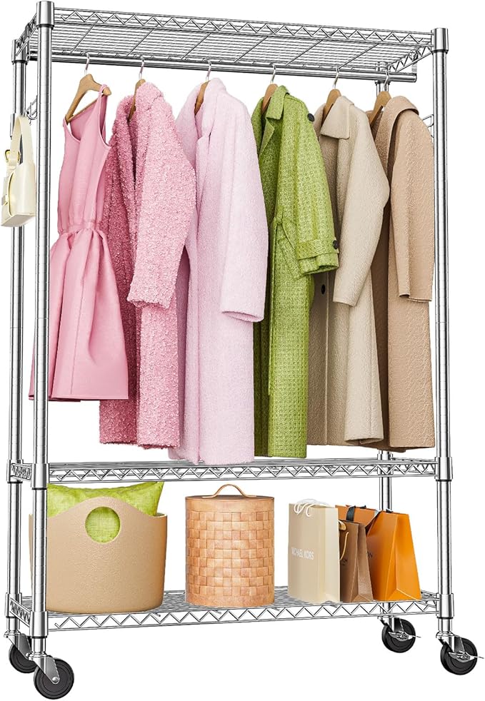 Heavy Duty Rolling Garment Rack 3 Tiers Adjustable Wire Shelving Clothes Rack by MEIGAOPLASTICANDMETALHKCOLIMITED