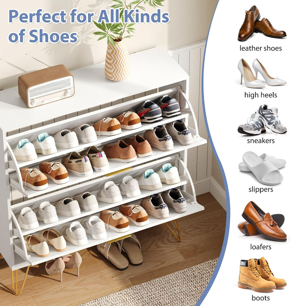 Shoe Storage Cabinet with 2 Striped Flip Drawers and Metal Legs, White丨Modern...