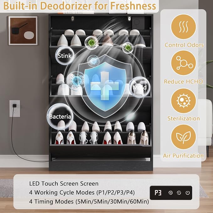 Shoe Cabinet with Odor Control and Back Panels, Deodorizing Slim 3-Flip Shoe - Image 3