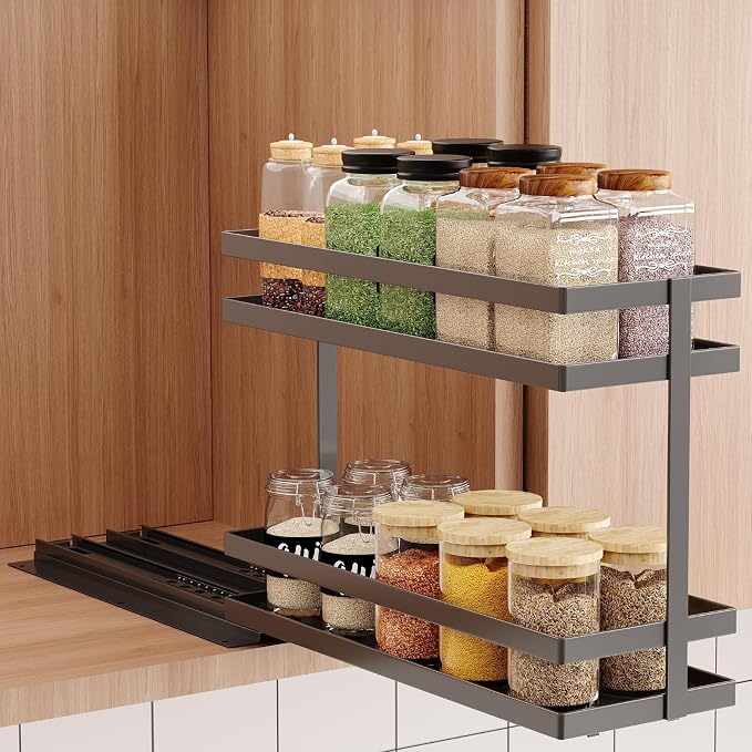 Pull Out Spice Rack Organizer for Cabinet, 2 Tier Metal Slide Out Seasoning by MUSTORN