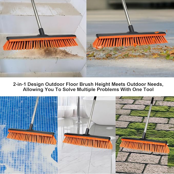 18" Push Broom Outdoor with Rubber Squeegee, Heavy Duty Broom Brush with Handle - Image 5
