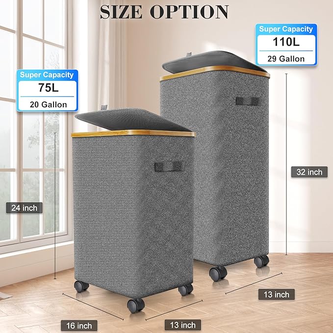 Laundry Hamper with Wheels, 29 Gal Laundry Basket with lid Rolling Clothes - Image 4