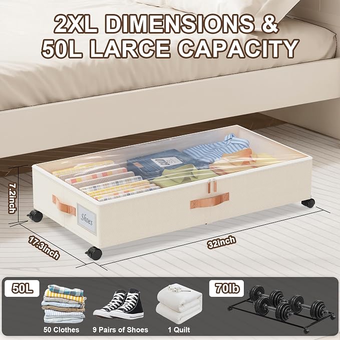 Under Bed Storage with Wheels, XXL 65L Under the bed storage Organizer Bins - Image 5