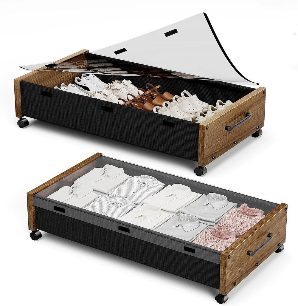 KITHELP Wooden Under Bed Storage with Wheels, Rolling Under the Bed Storage B...