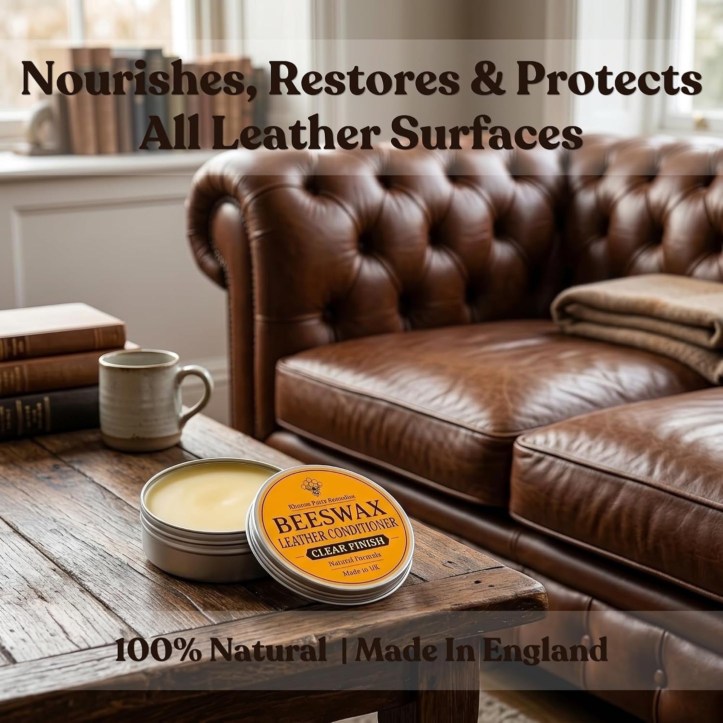 Beeswax Leather Conditioner Restorer & Polish - Hand Poured British Beeswax Balsam CLEANS SEALS and PROTECTS Handcrafted in Wales UK Rich Natural Leather Conditioner and Leather Restorer 3.50 Fl Oz