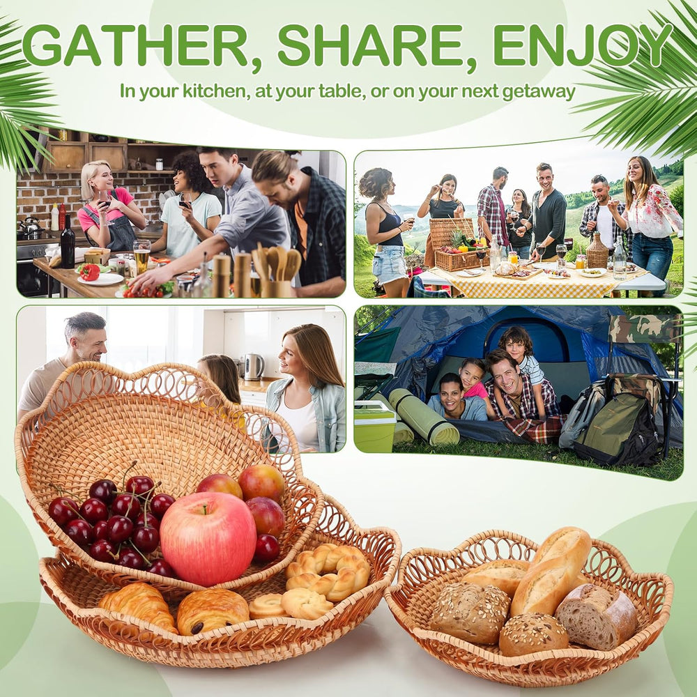 3 Pcs Rattan Bread Fruit Basket for Serving, Wicker Bread Tray Woven Round Fr...
