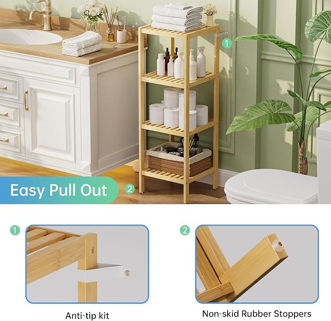 SMIBUY Bathroom Storage Shelf, 4-Tier Bamboo Rack Organizer - Image 7